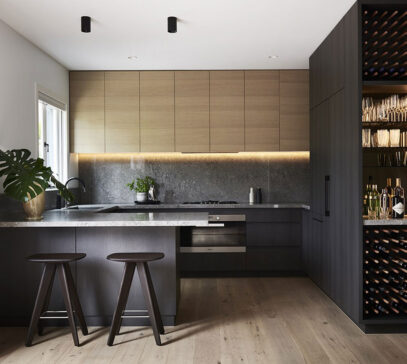 Custom kitchen in Perth in a dark moody style with wine storage