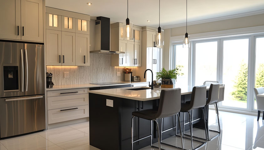 A neutral colour modern kitchen with new cream cabinets after a kitchen cabinet renovation.